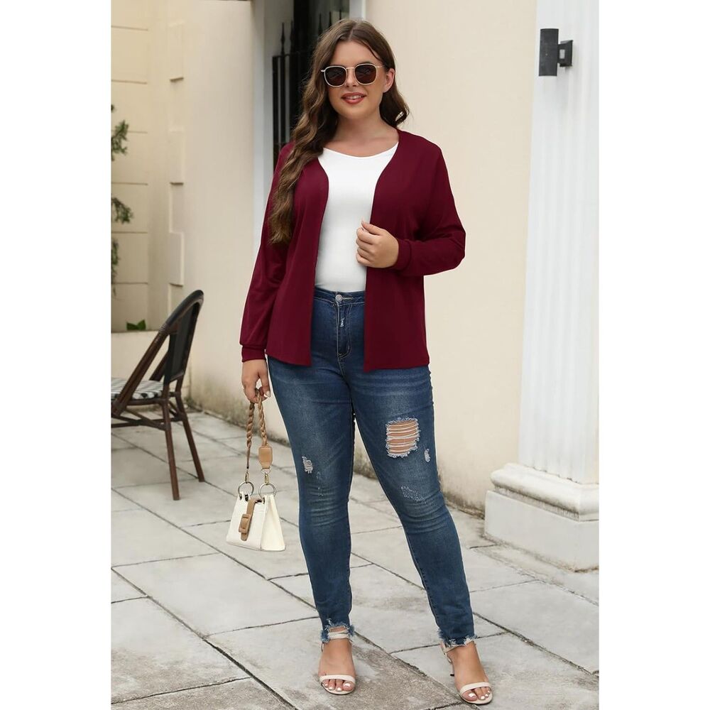 Younrui Red Open Cardigan Solid Knit Long Sleeve Mid-Hip Length Sz 3XL